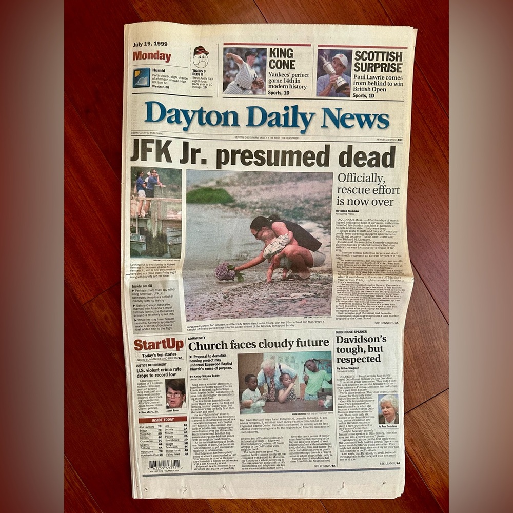 🍀JFK Jr. presumed dead Original Ephemera Dayton Daily News July, 1999